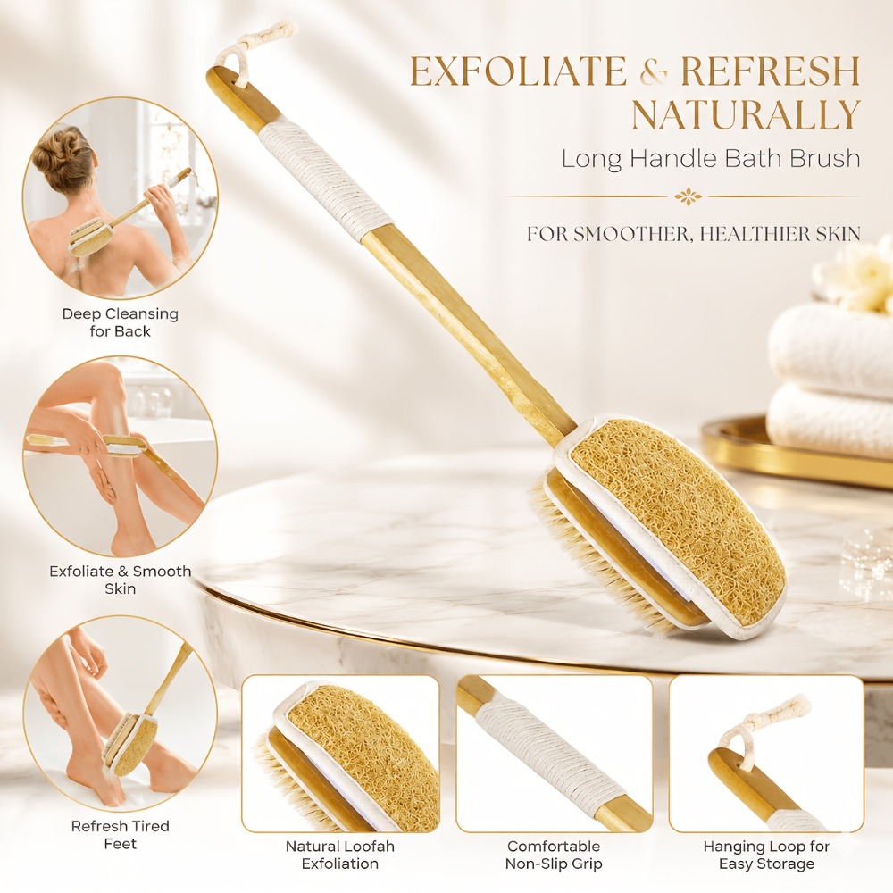 Body Loofah Natural - แปรงอาบน้ำด้ามยาวไม้ ขนแปรงธรรมชาติจากใยบวบ ขนหมูป่า แปรงขัดหลังสองด้าน ขัดผิว ขัดตัว